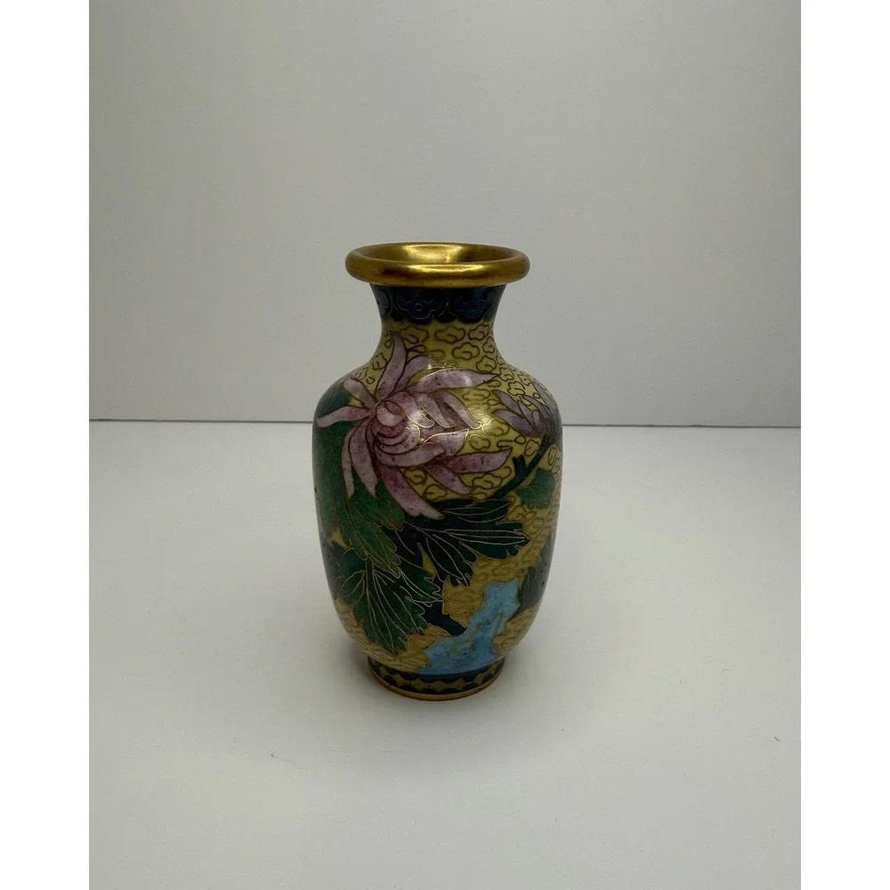 Yellow Cloisonné Brass &‎ Enamel Vase With Pink Flowers 4